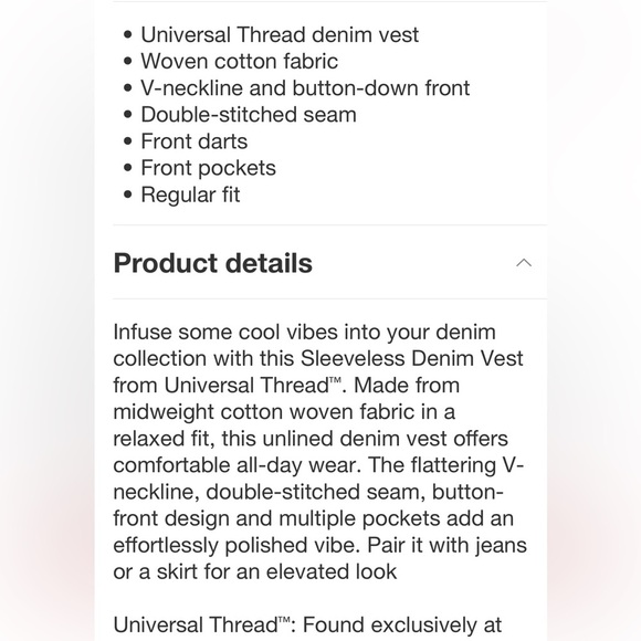 Denim Vest - Universal Thread Cotton, Midweight, Regular Fit, Front Button new - Picture 9 of 9